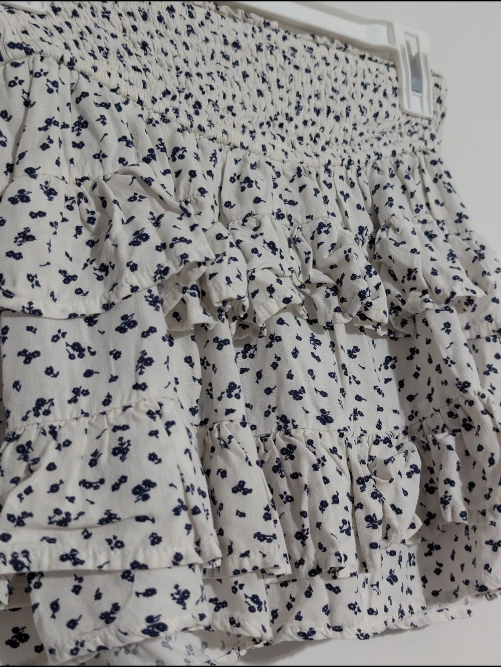 Tiered Ruffle Mini Skort in White with Navy Floral Print
